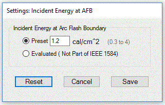 Incident Energy at Arc Flash Boundary popup